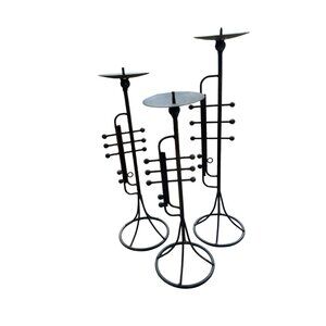 Set Of 3 Vintage Trumpet-Shaped Black Metal  Pilar Candle Holders